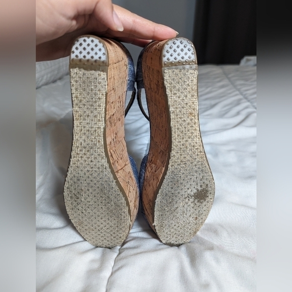 Toms Chambray Cork Bottom Wedge Peep toe Sandals Size 9 - Picture 7 of 10
